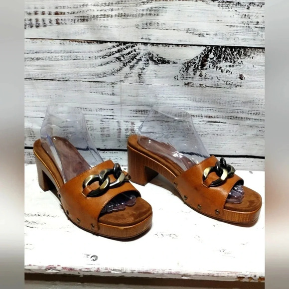 White Mountain Jem Footbeds Clog Shoe in Tan size 9 Retro Wood Slide Heel Chunky - Picture 6 of 6